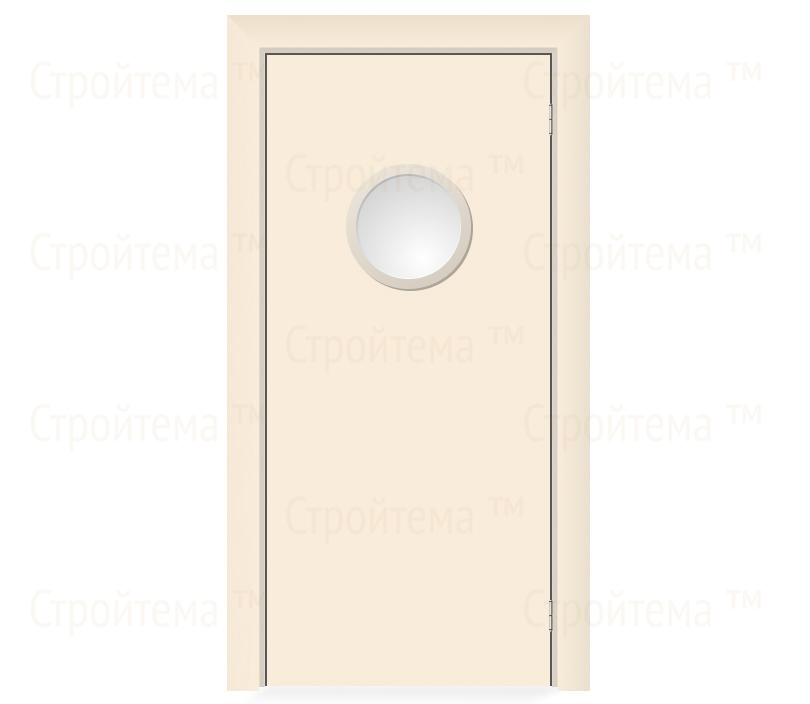 Влагостойкая дверь ПВХ EtaDoor с иллюминатором кремовая маятниковая одностворчатая с ПВХ кромкой